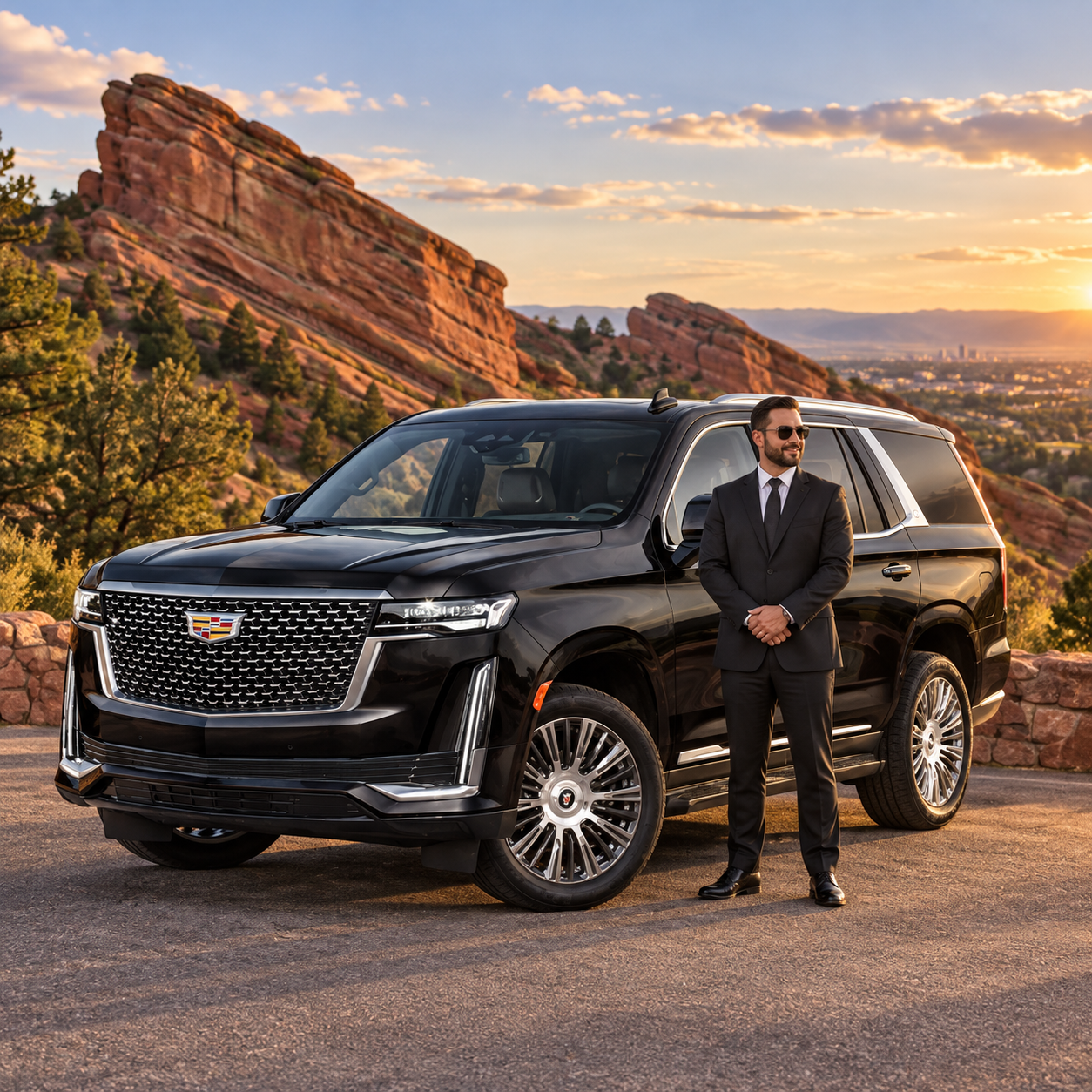 Illustrative scene of a professional chauffeur beside a black Cadillac Escalade at Red Rocks